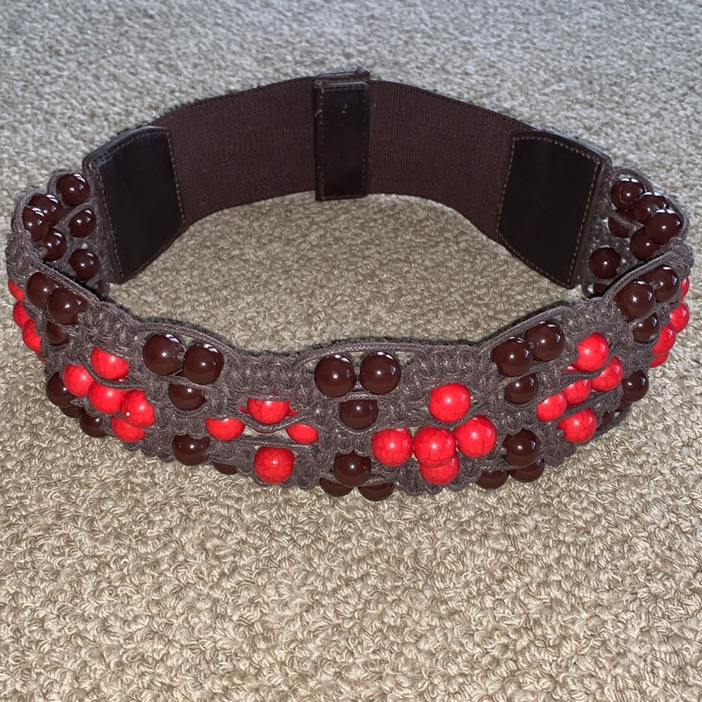 Belt Anthropologie Macrame Red Brown Beaded Boho Gypsy Hippie Cinch Snap Close